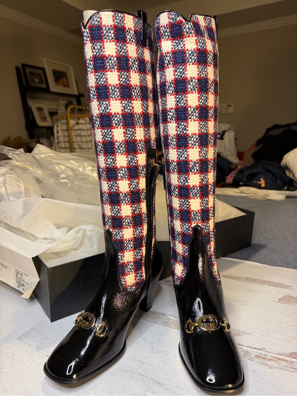 GUCCI Zumi Check Tweed Knee Boot NWB Sz 39.5